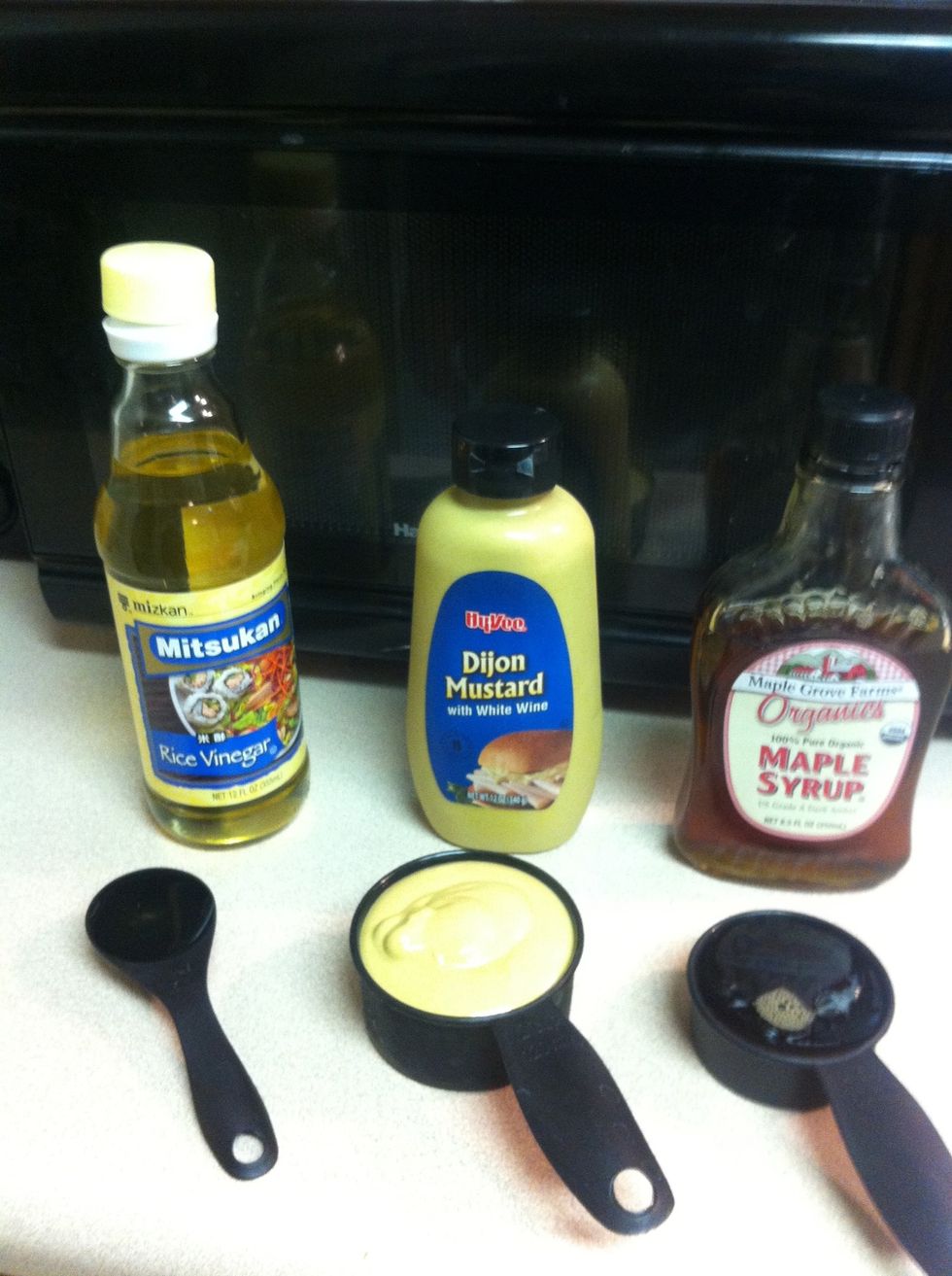 Gather Dijon mustard maple syrup and Rice wine vinegar.