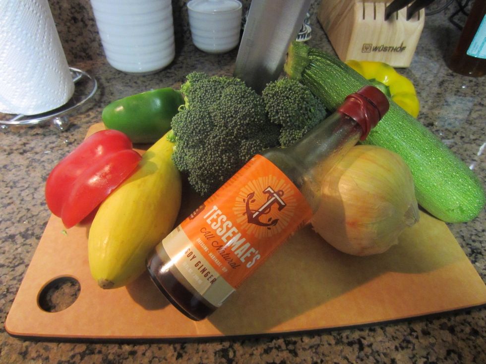 Gather ingredients and chop veggies into bite size pieces.