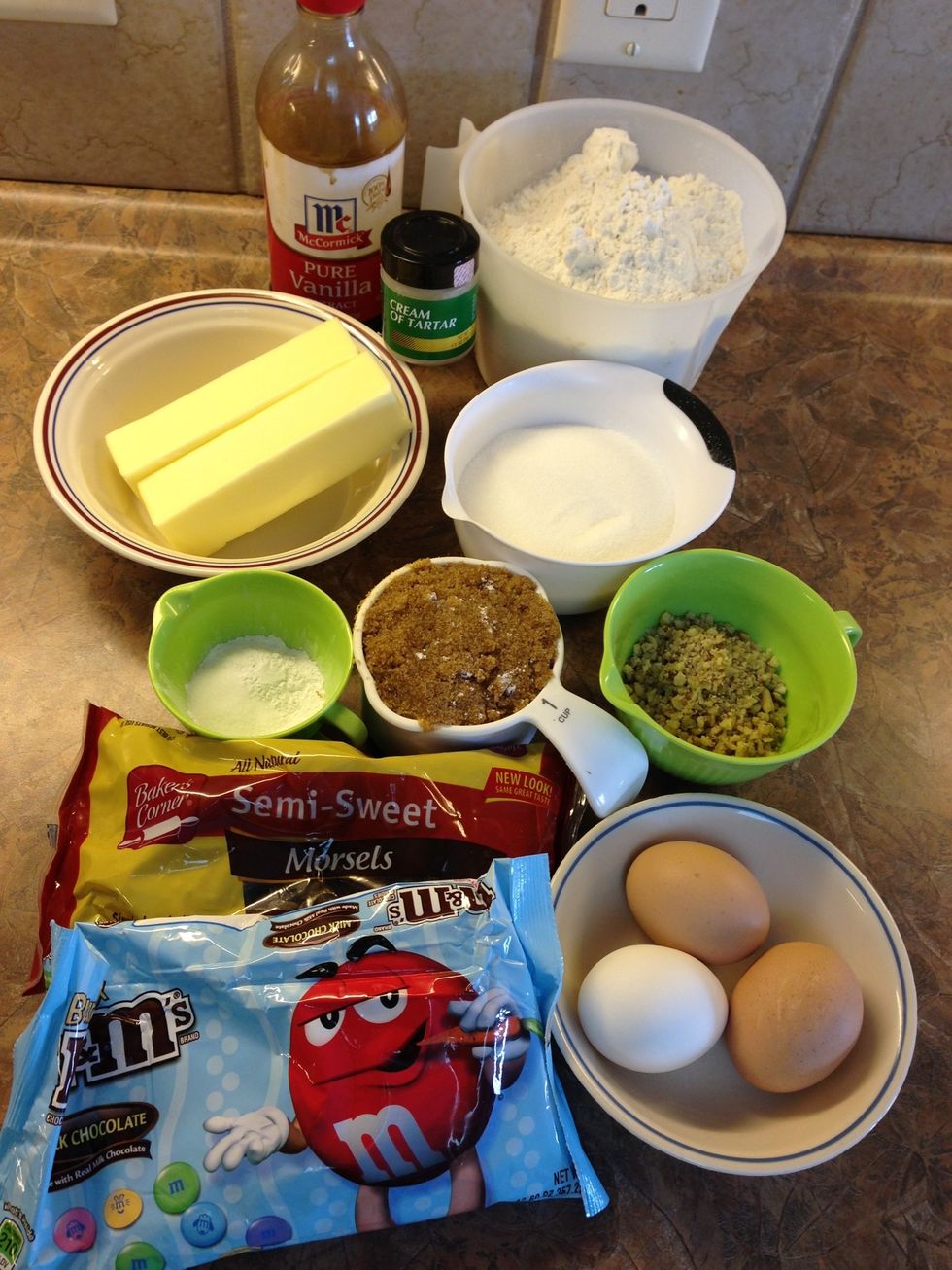 Gather ingredients. Batch makes 5-7 dozen, depending on cookie size. I used 1/4 C chopped nuts and 6 oz chocolate chips.