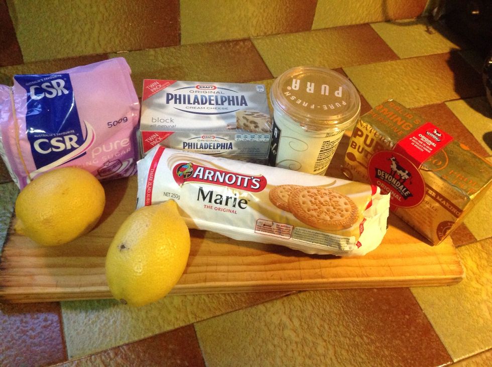 Gather ingredients. Biscuits can be any kind put plain ones are best because they are only for the base.