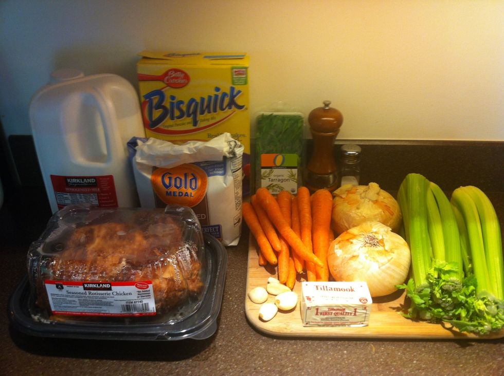 Gather ingredients: Chicken, carrots, onion, celery, garlic, butter, Bisquick, flour, milk, tarragon, salt and pepper.