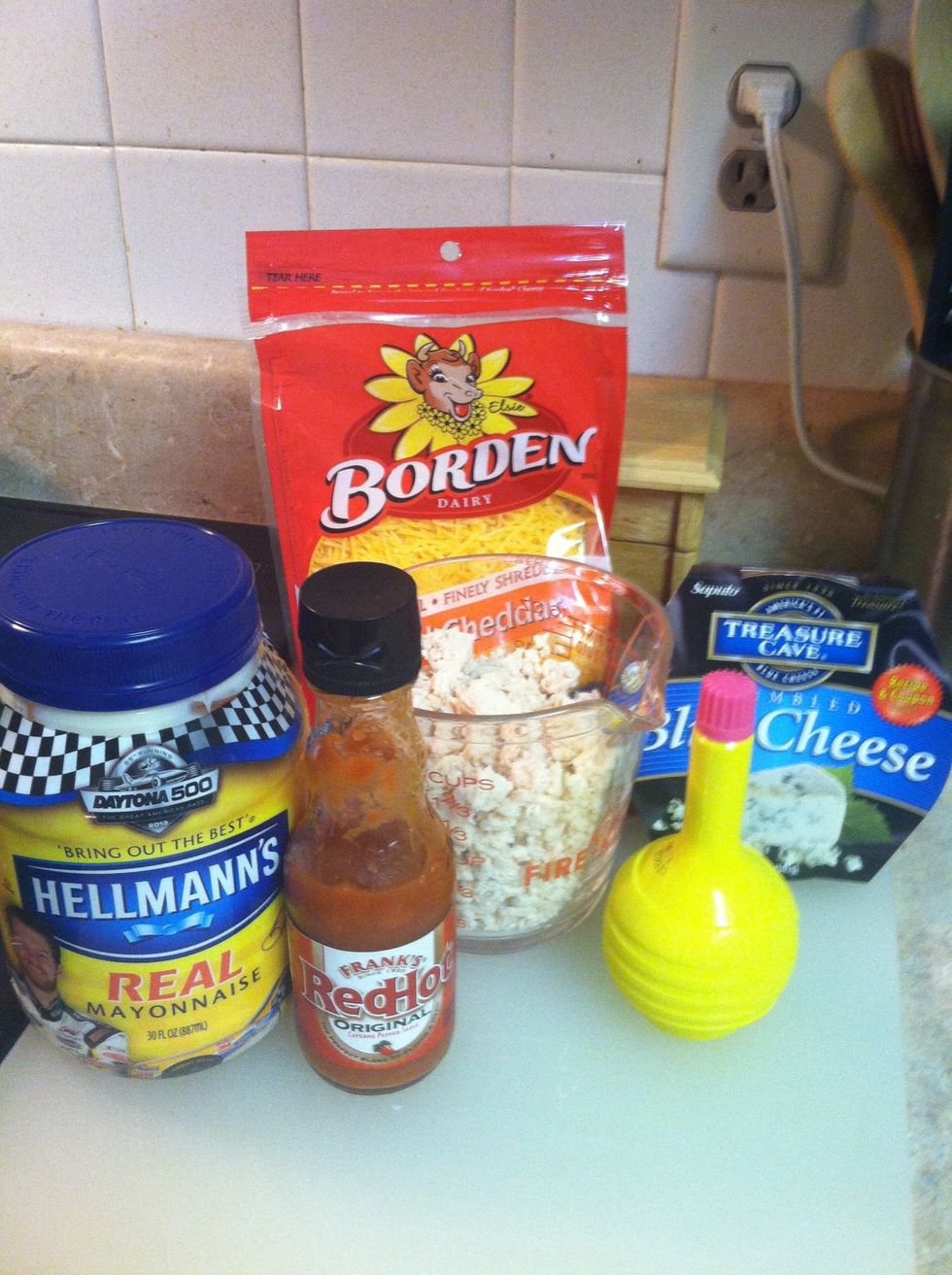 Gather ingredients. I boiled 2 chicken breasts & chopped up with food chopper.