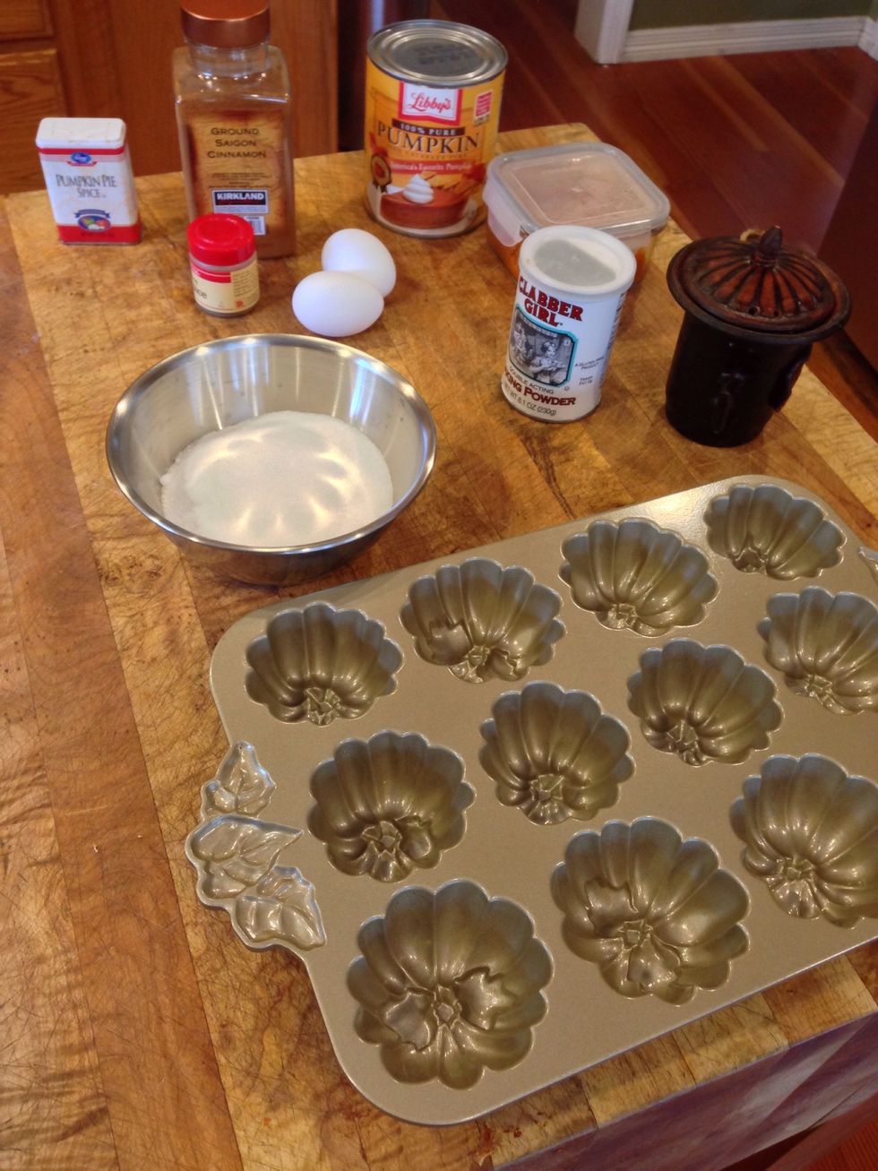Gather ingredients. I'm using this cute little pumpkin pan that was a gift from one of the loveliest ladies I know! :)