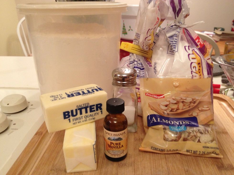 Gather ingredients! I only had 1/2 cup almonds and it worked out just fine. Also preheat oven to 325 degrees.