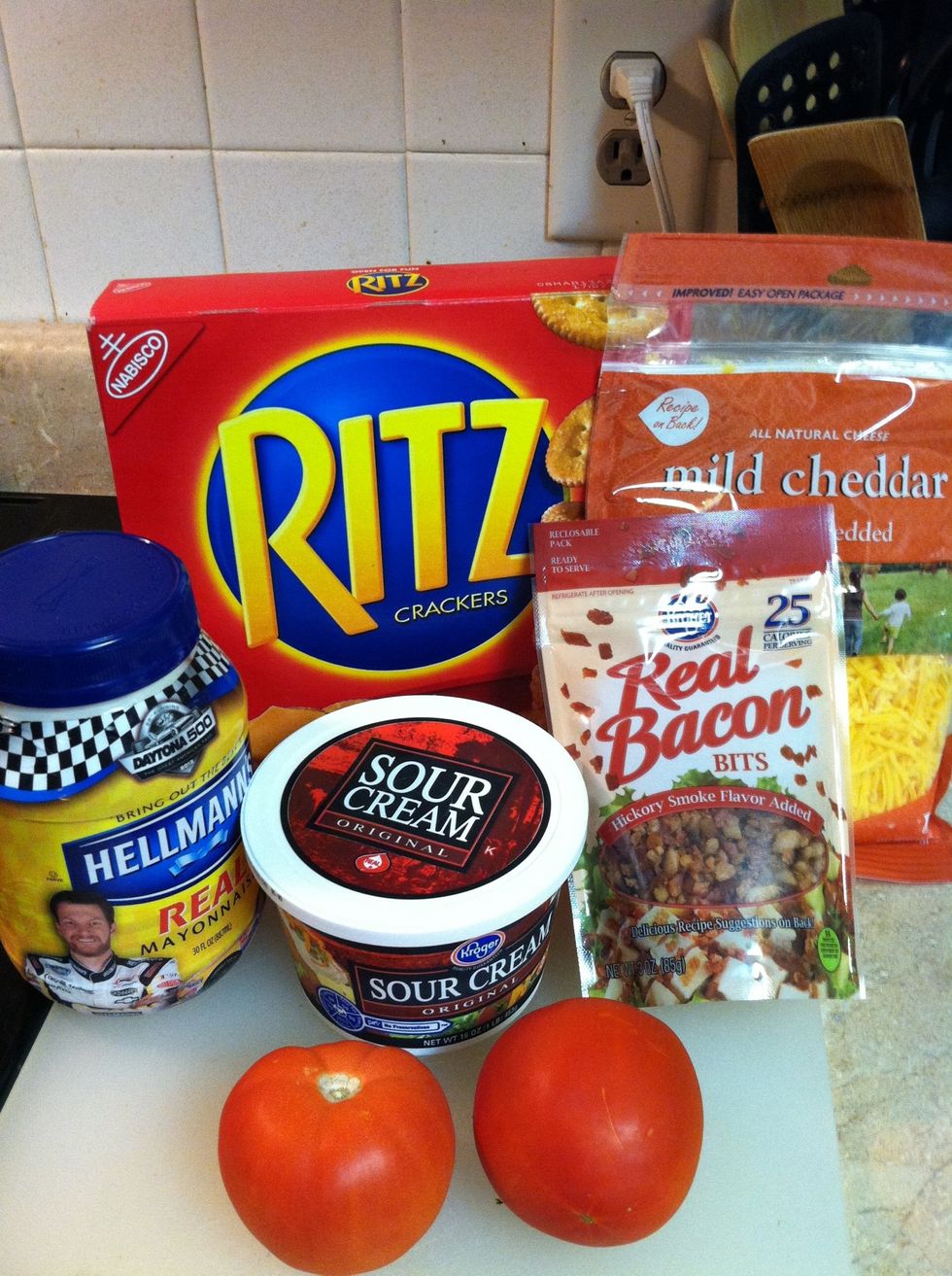 Gather ingredients. I prefer Hellmann's & mild cheddar cheese. Best served with Ritz crackers.