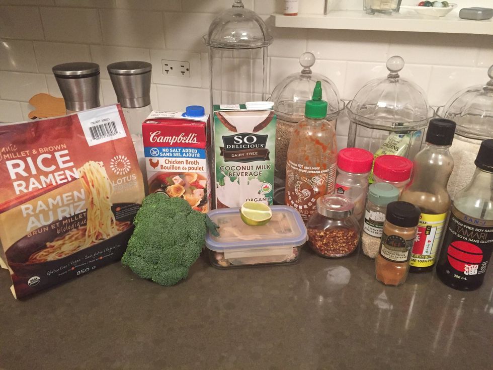 Gather ingredients. (I use brown rice ramen noodles from Costco for this recipe, highly recommend!)