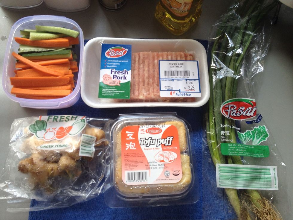 Gather ingredients. I use left over carrots and discard the cucumbers.