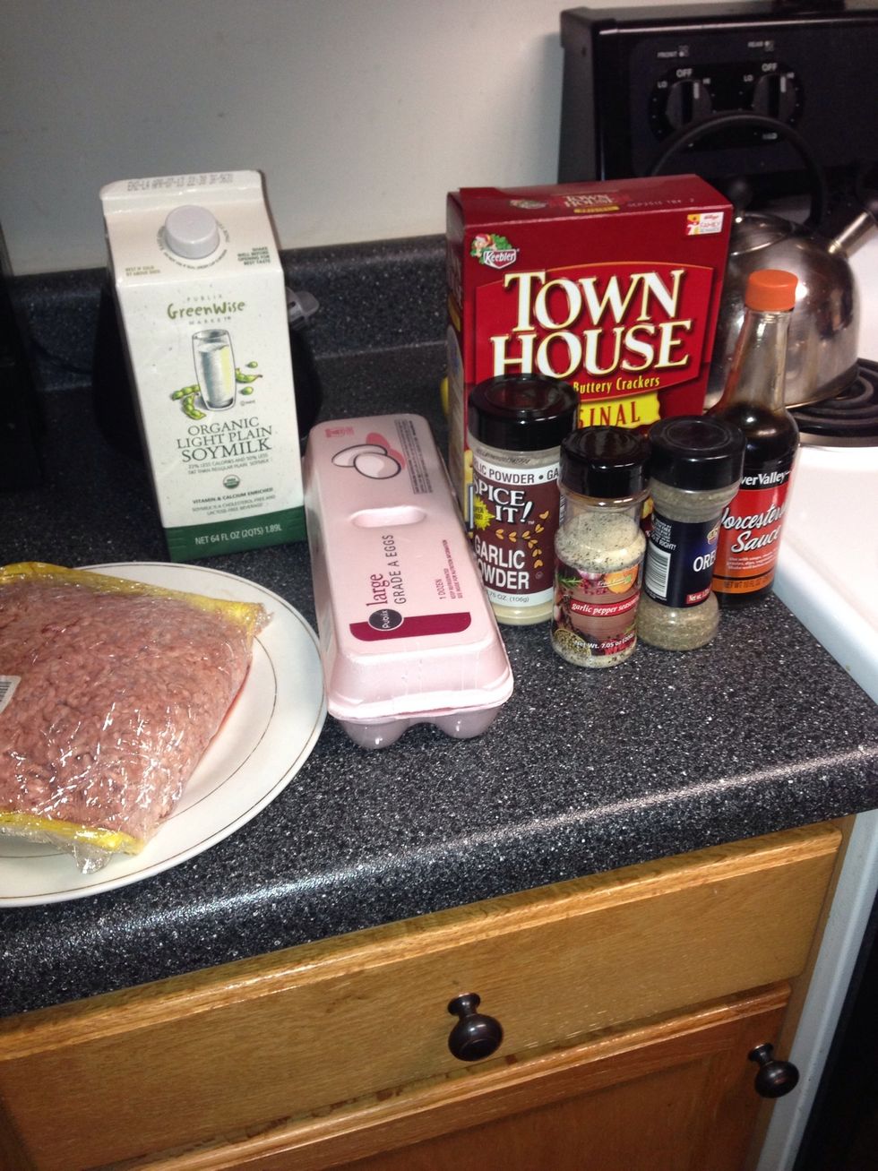 Gather ingredients. If you'll notice, I have crackers here. I ran out of bread crumbs...