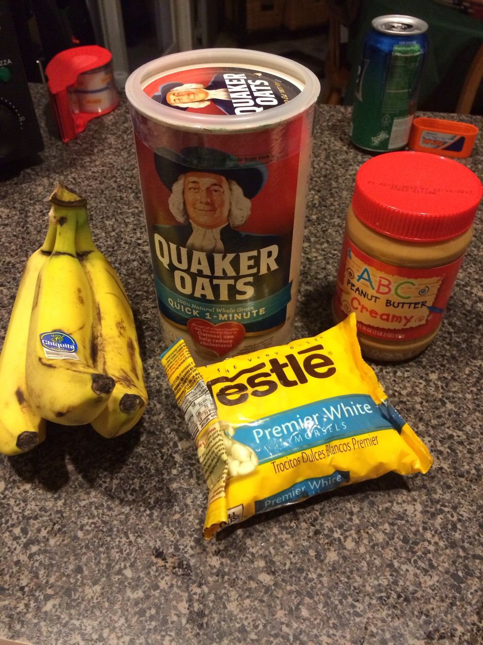 Gather ingredients:  Oatmeal,  Bananas,  Candy chips (PB, chocolate or white chocolate) or combo! Peanut butter (optional)