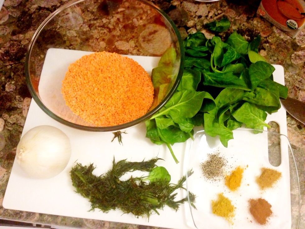 Gather ingredients (photo cropped by Snap but that's an onion, veggie broth in there somewhere!)