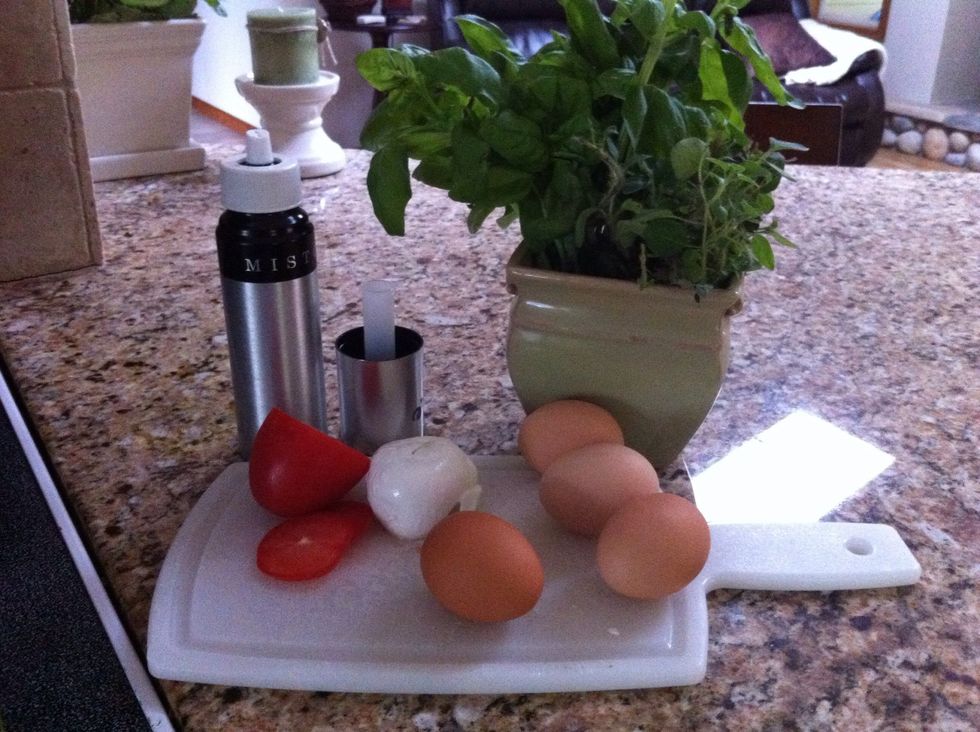 Gather ingredients. Preheat oven to 350 degrees and spray a one person sized baking dish with cooking spray.