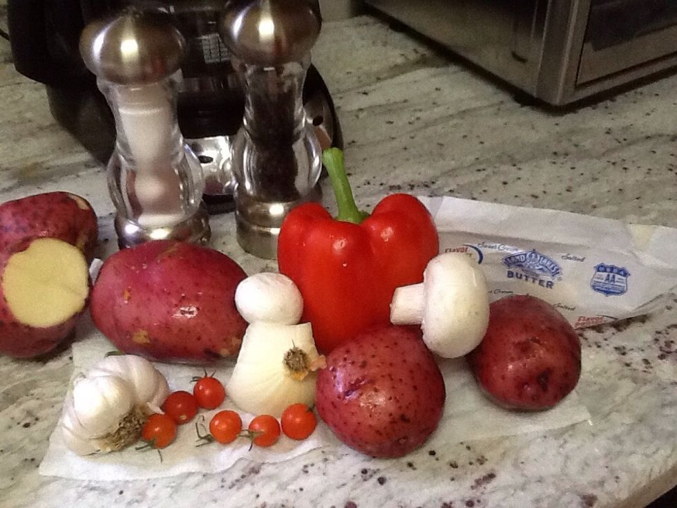 Gather ingredients. Red or small white potatoes can be used. This time, I also tossed in some cherry tomatoes fresh out of the garden.