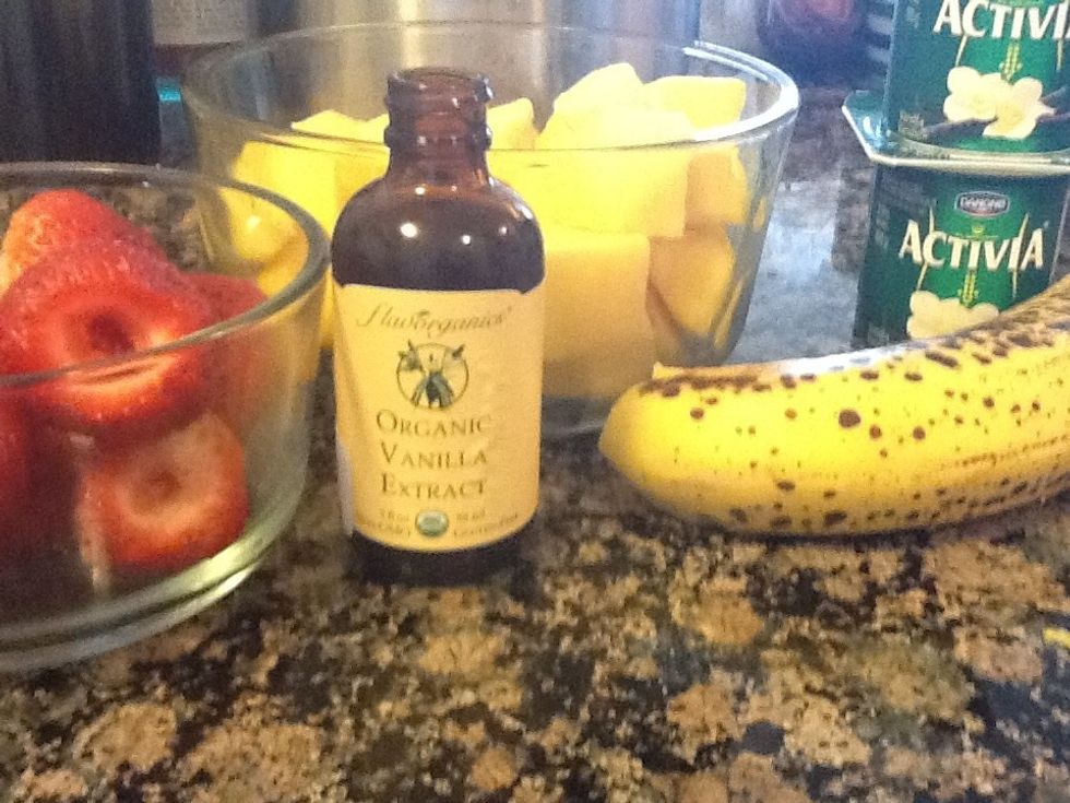 Gather ingredients. Rinse and remove the stem of the strawberries. Cut your mangoes, ( I had mine pre-cut.) Peel bananas. If you're using any type of frozen fruit, you probably won't need ice cubes.