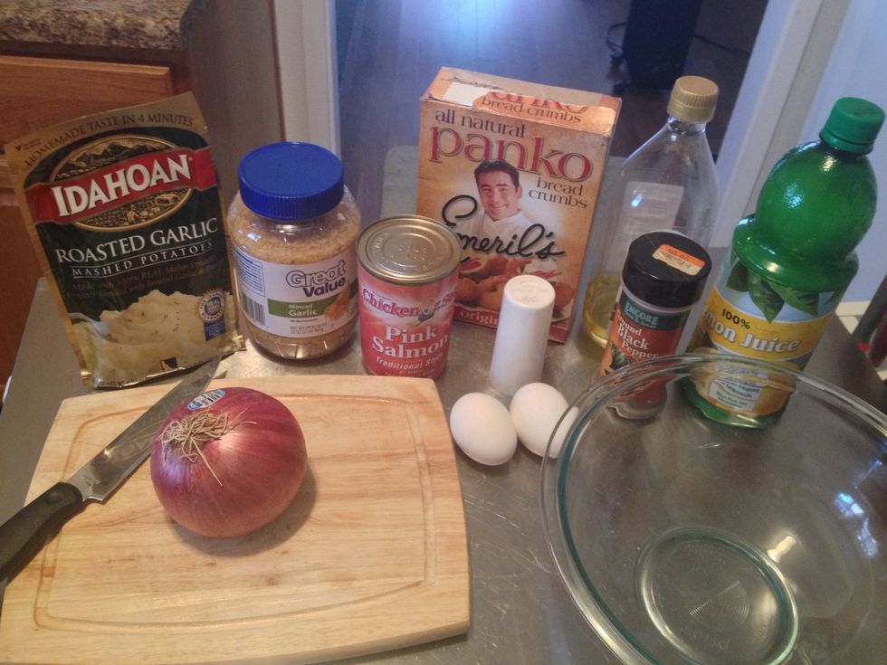 Gather ingredients. You could also use dry potato flakes (w/c the original recipe called for), but I prefer mashed potatoes.