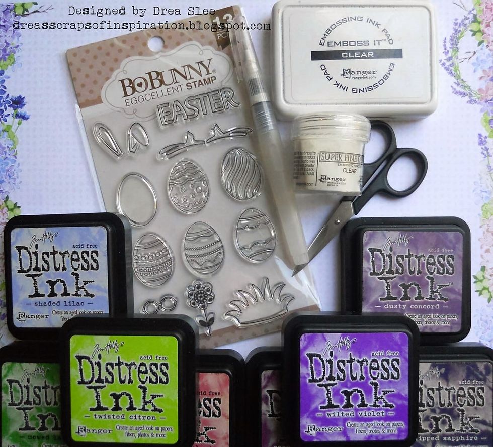 Gather Inks, white cardstock, Water Brush, embossing ink and powders. Stamp and emboss the eggs, grass, bow tie, and bunny ears with embossing powder. Use the Brush and Distress Inks to color them.