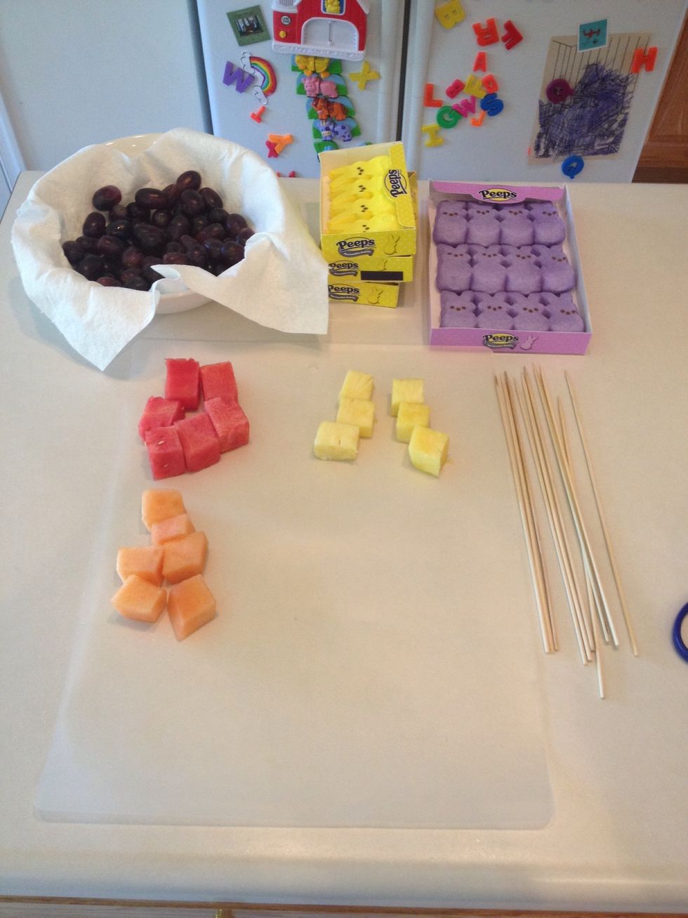 Gather materials. I used two different colored bunny Peeps.