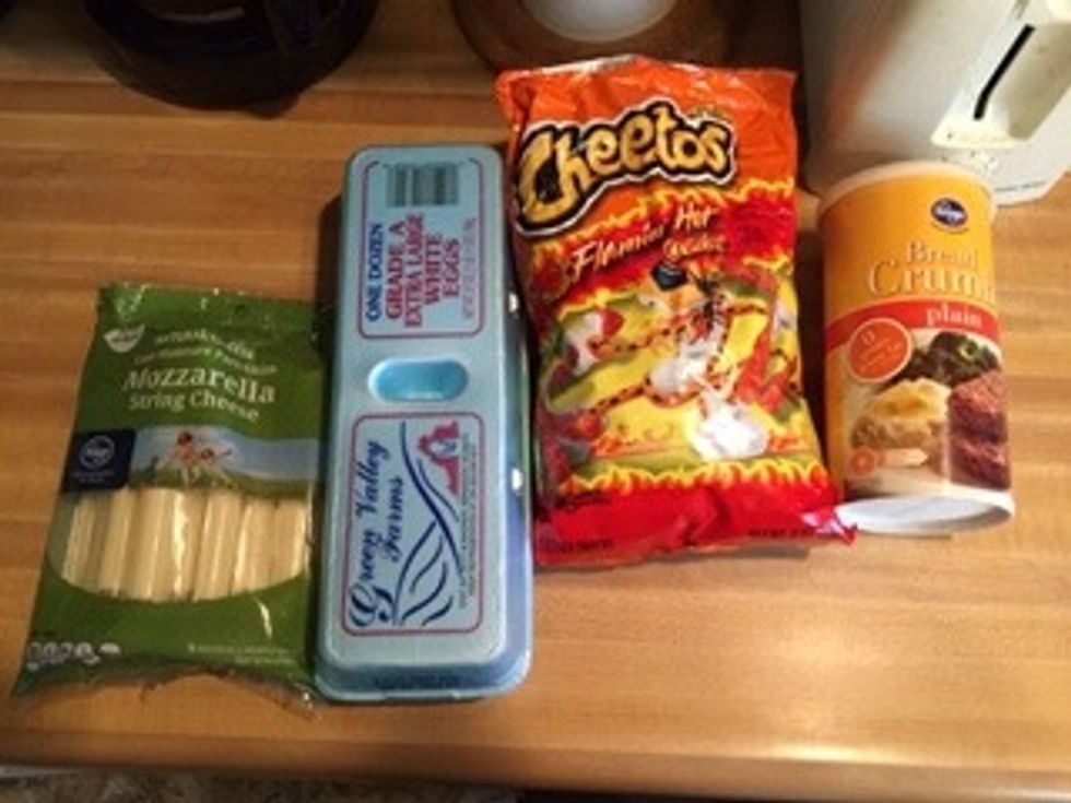 Gather materials:  Mozzarella sticks  Hot Cheetos  Bred crumbs  Eggs