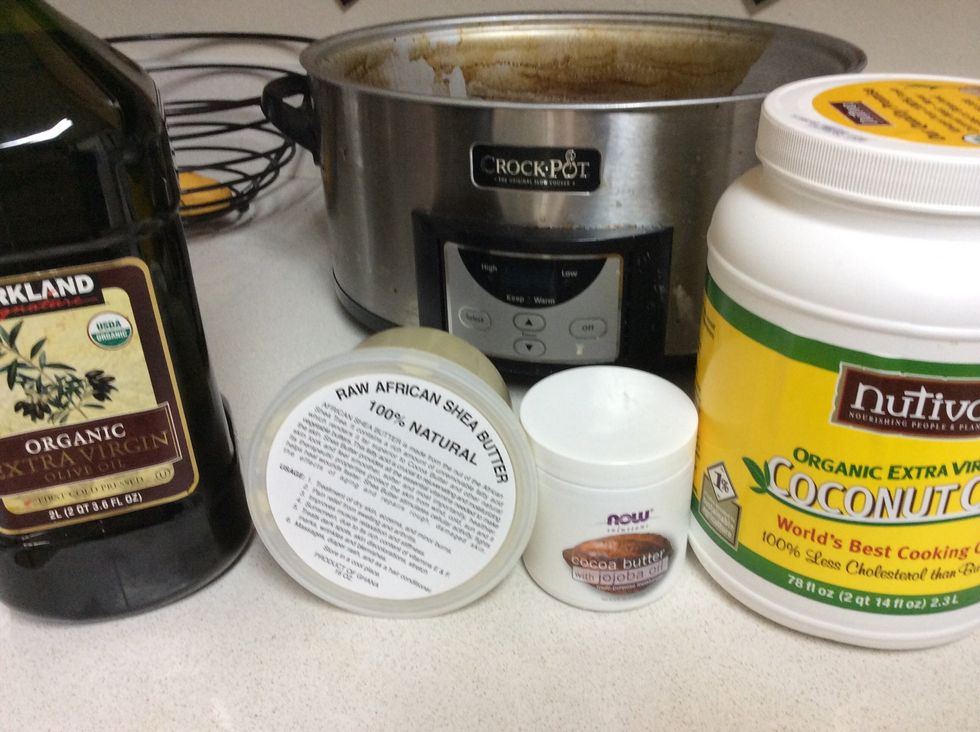 Gather natural butters/oils. Two of my sources we use regularly for cooking, and the Shea and cocoa butters I bought at a natural foods store. They have only one ingredient and were inexpensive.