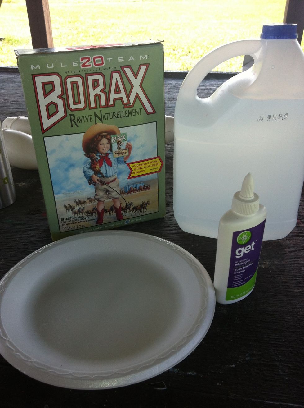 Gather some white glue, water, borax and paper plates