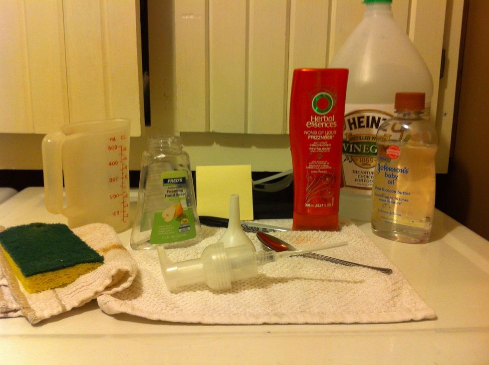 Gather supplies. Check out my guide on Homemade Shampoo to remove label off of pump.