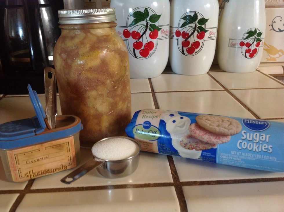 Gather supplies. I am using homemade apple pie filling that I canned last fall.