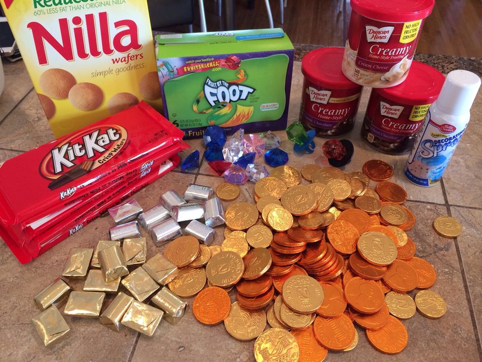 Gather supplies! I got chocolate coins & plastic jewels on Amazon.