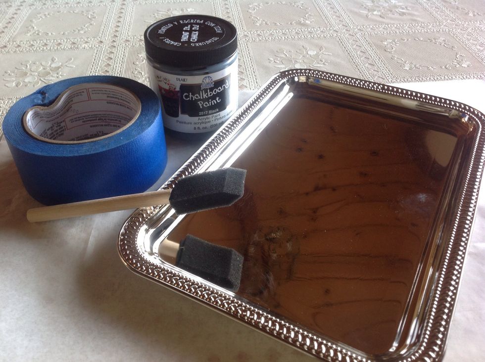 Gather supplies.  (I only had wide painters tape, but I tore it in half long ways and was able to use less and it fit better on this narrow edged tray.)