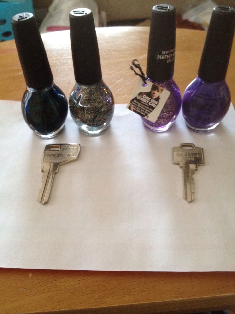 Gather supplies. I used Nicole by OPI nail polishes. If using tape to guide where you polish do now. *i just free handed it.*