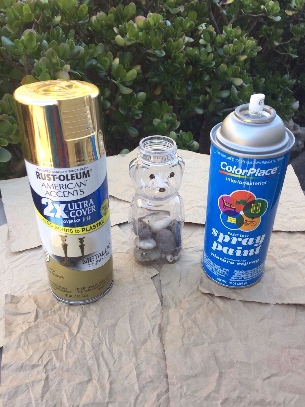 Gather supplies.  I wasn't sure about spraying color without a primer, which is why I have white also.  I found that the Rust-oleum 2X works great and no primer coat is needed.