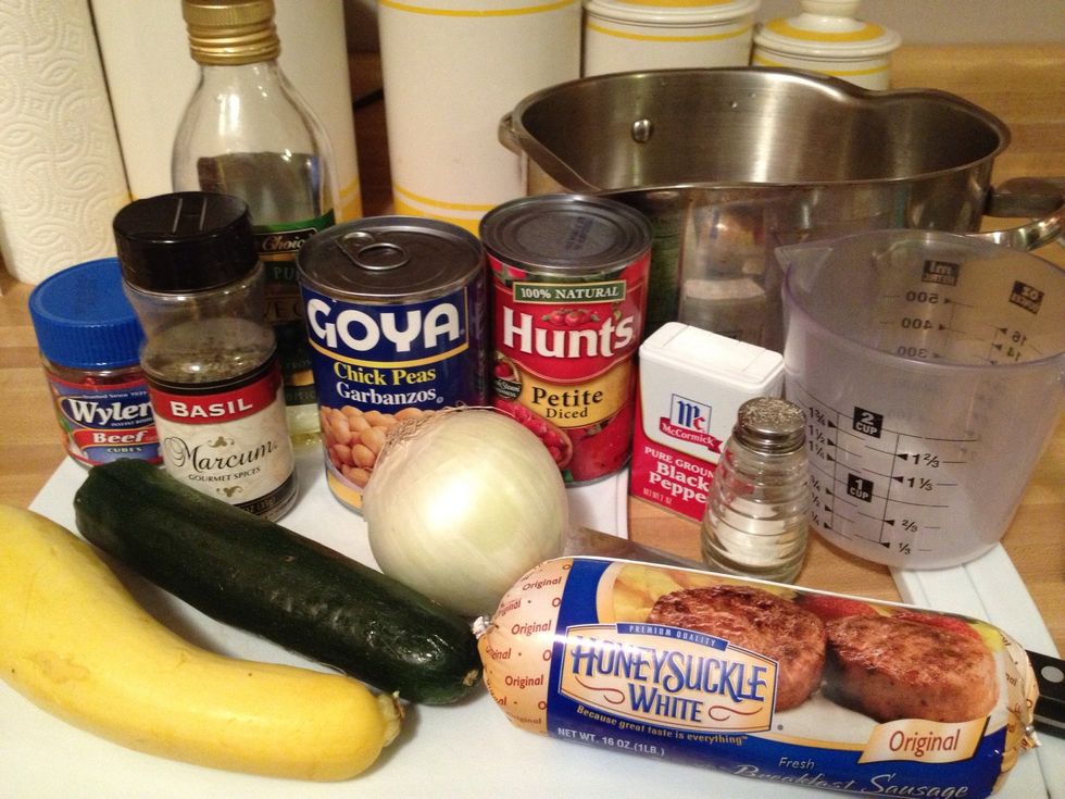 Gather supplies. (Instead of Italian Sausage, I'm using turkey breakfast sausage which I will brown in a little olive oil. I'm also using beef bullion cubes and extra water in place of the broth.)