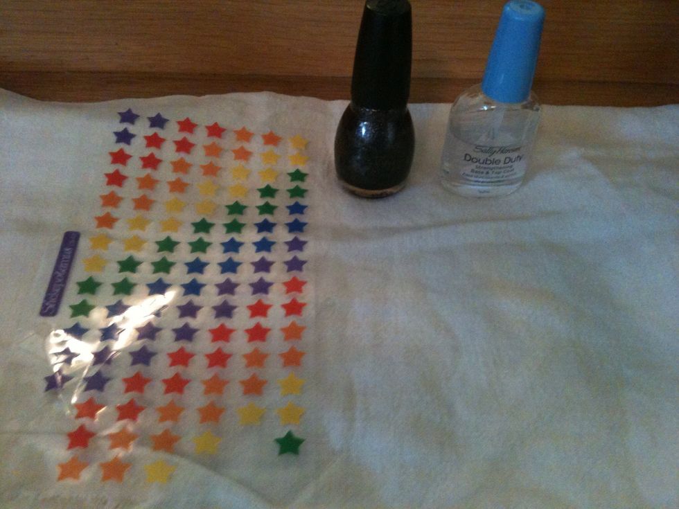 Gather supplies (not pictured: toothpick and white polish). I bought the star stickers at the dollar store - you can find them anywhere!
