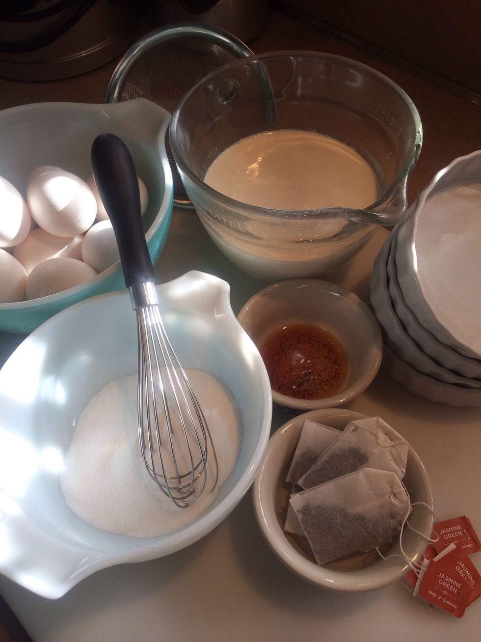 Gather supplies, preheat your oven to 300f, and have a tea kettle of hot water ready for the water bath to bake the custard.