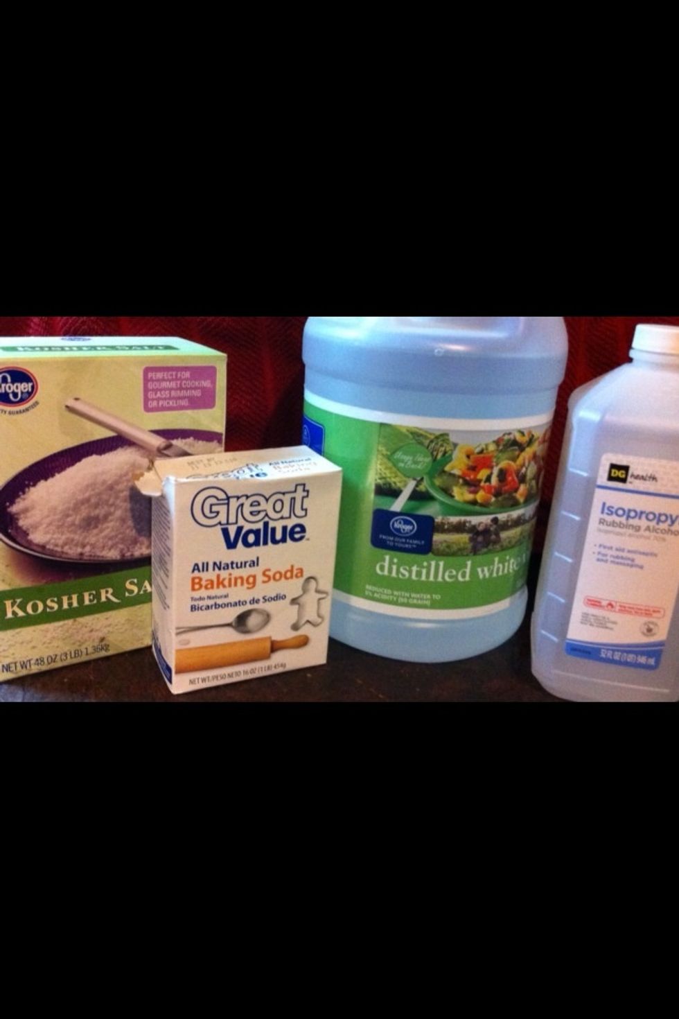 Gather supplies: salt, baking soda, vinegar, and rubbing alcohol.