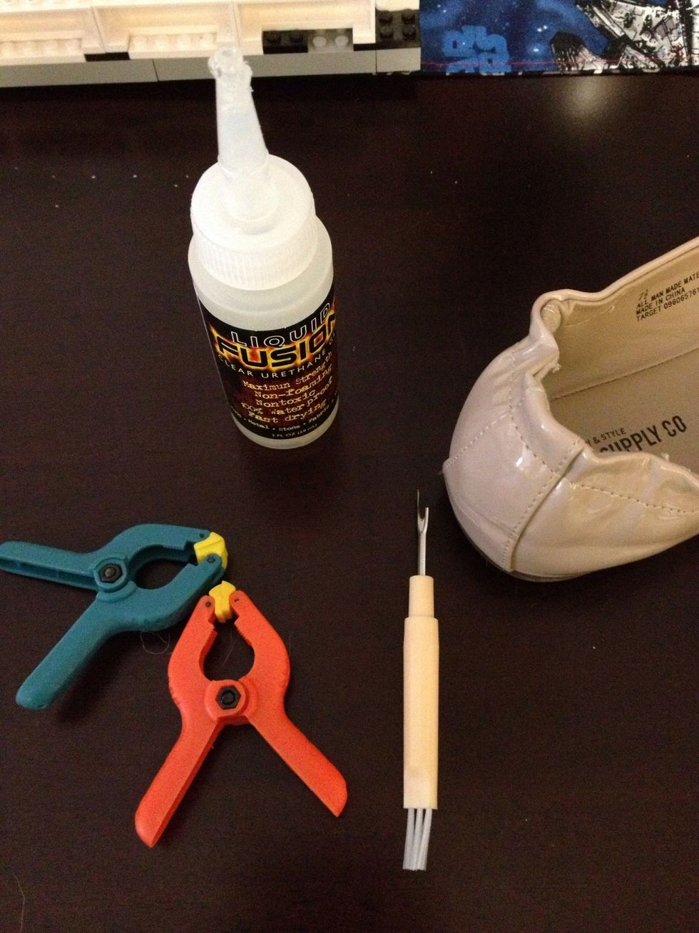 Gather supplies!! Seam rippers are easy to find, clamps or clothespins from the dollar store, and a good adhesive. E-6000 or Gorilla Glue works too