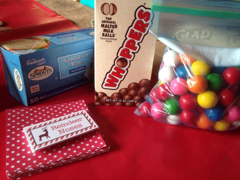 Gather supplies. (The Reindeer Noses tag was a free printable found on line).