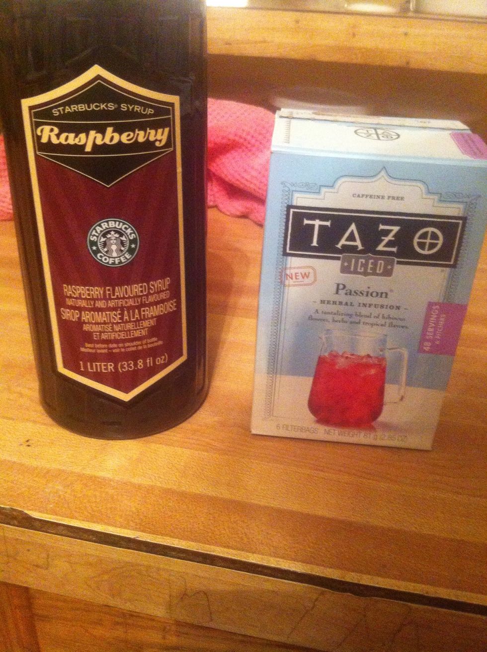 Gather supplies! The syrup can be found at any Starbucks. You just ask to buy some; they sell each bottle for $9.95 :)