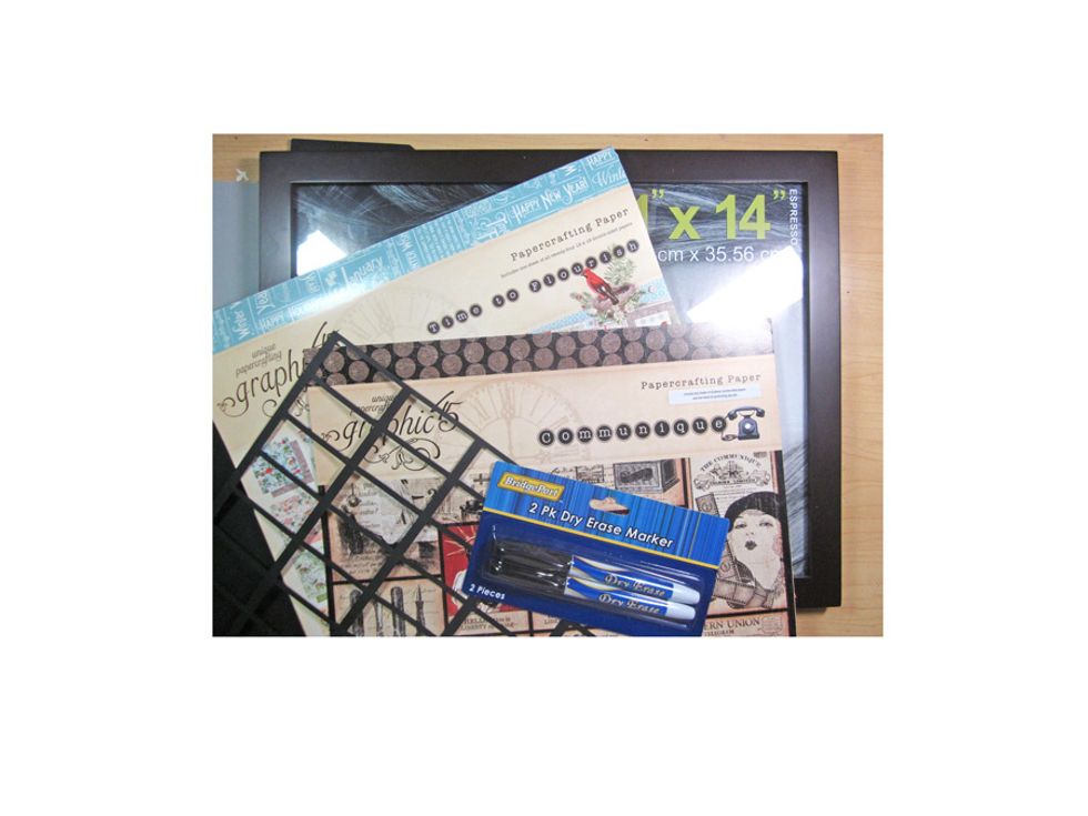 Gather supplies to make your calendar. 11 x 14 plain frame, Graphic 45 Time to Flourish Paper Pad, Communique Collection, Black Graphic 45 Tag, Black Card Stock, Dry Erase Pens, and Velcro