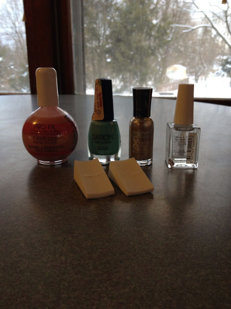 Gather supplies - you need a base coat, a solid color, a glittery color, a top coat, and a few make up sponge wedges.