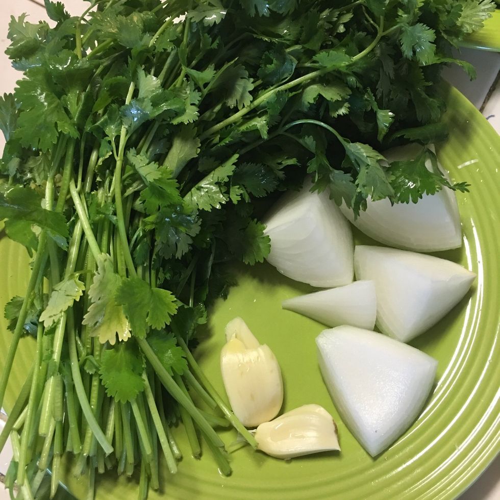 Gather the fresh ingredients (cilantro, garlic and white onion)  to add to blender...