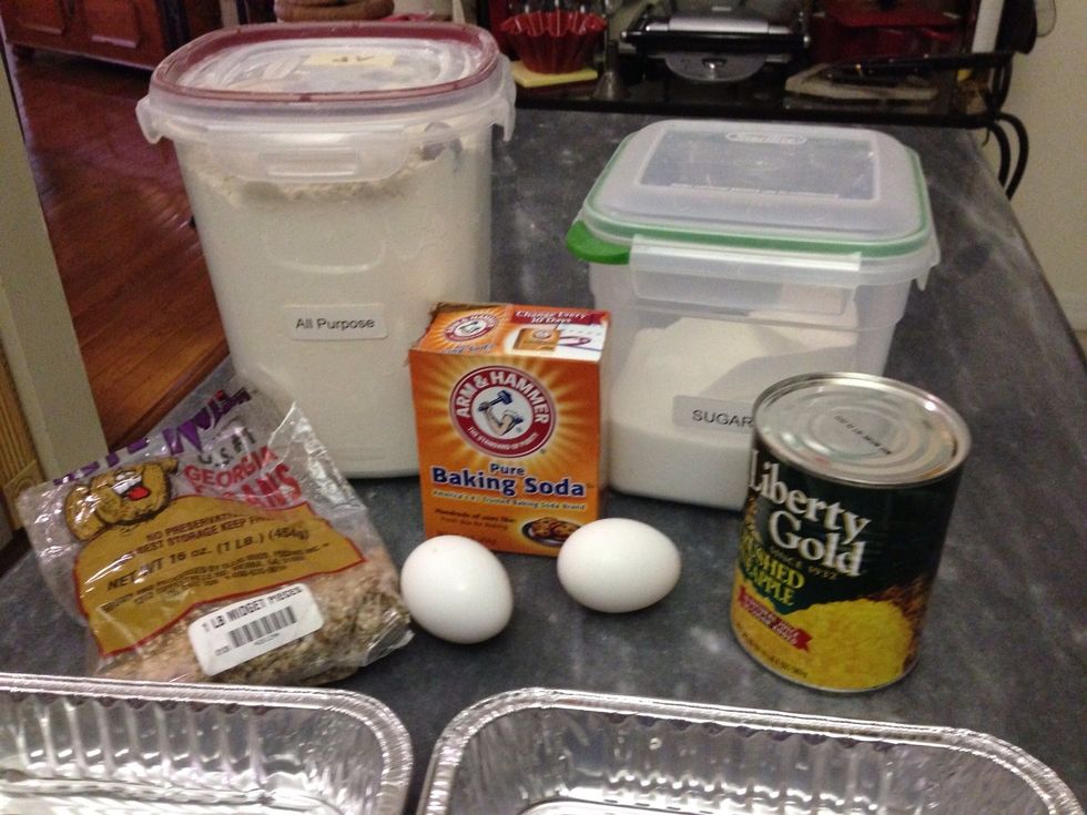 Gather the ingredients for the cake. LOOK! No FAT,\ud83d\ude03. That's the SURPRISE!