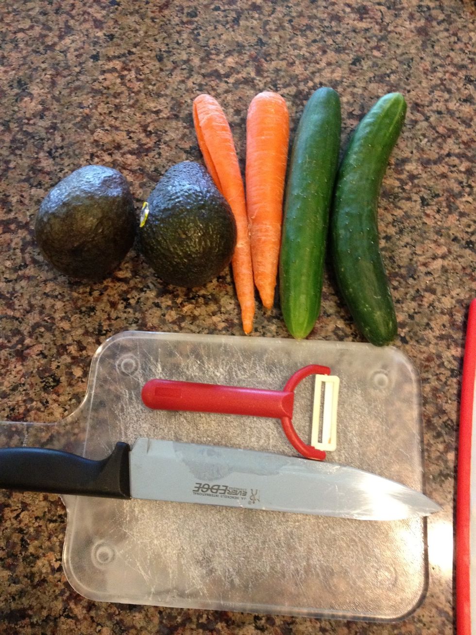 Gather the ingredients for the inside of your sushi, a grater, and a knife.