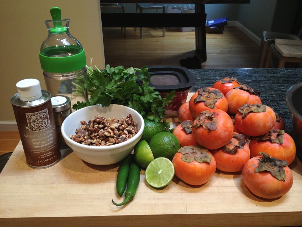 Gather the ingredients. Here I am a doubling the original recipe, in order to make it for a party. I seeded the pomegranate the day before, and stored until ready to use.