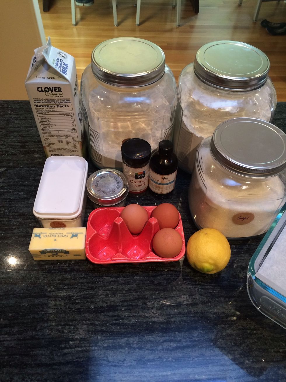 Gather the ingredients. Let sit till the butter and the eggs are at room temperature.