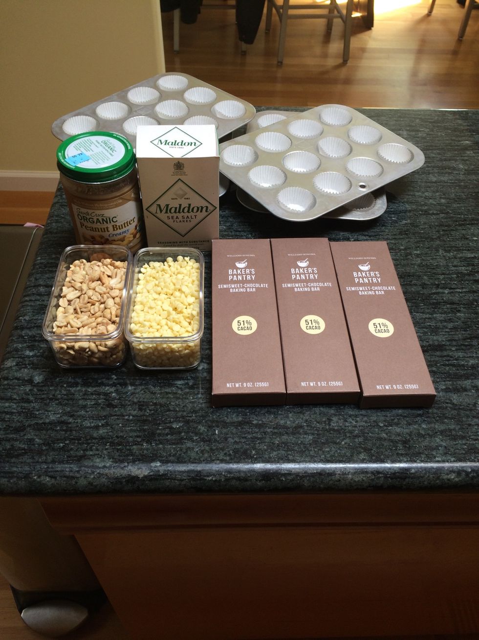 Gather the ingredients. Line mini muffin tins with paper liners. This recipe makes about 48 peanut butter cups.