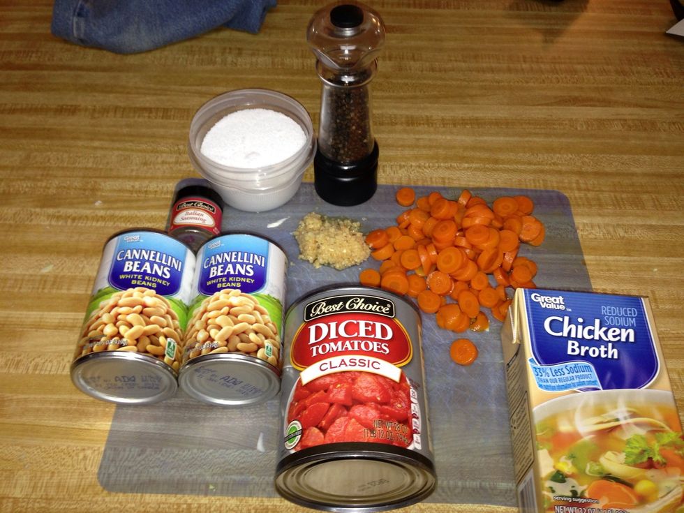 Gather the rest of your ingredients. Drain the beans and the carrots.