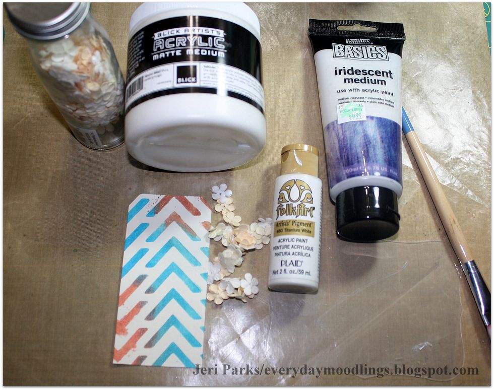 Gather the rest of your supplies. I will be using Prima flowers, matte medium, white paint and iridescent medium.