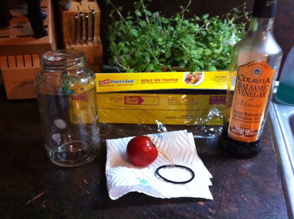 Gather the supplies: Empty Spaghetti Sauce Jar, (Or any other discardable container on hand), Produce, Balsamic Vinegar, (Any Vinegar will work), Plastic Wrap, Rubber Band, and Toothpick.