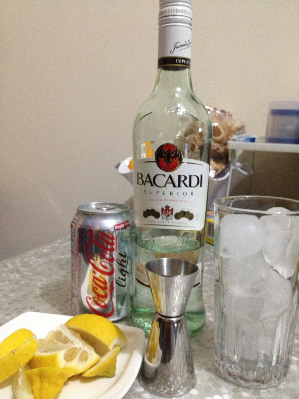 Gather the supplies. the original cuba libre calls for lime instead of lemon. i dont have lime in my pantry so lemon will do.