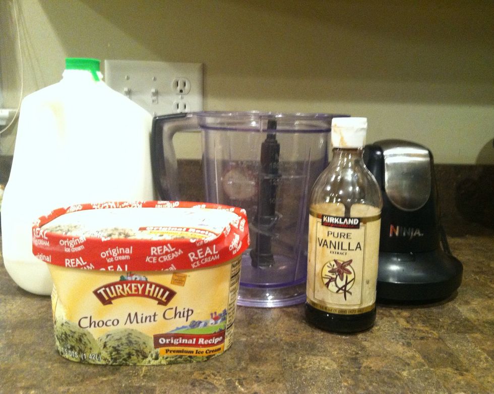 Gather the supplies you need. This includes a blender, 3 scoops/ 1 1/2 cups of ice cream, 1 teaspoon of vanilla, and a 1/2 cup of milk.
