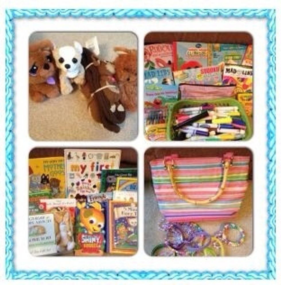 Gather toys, books, markers, coloring books, and play jewelry. Donate to families suffering loss. I donated these items to a family of five who lost all their belongings in a fire.